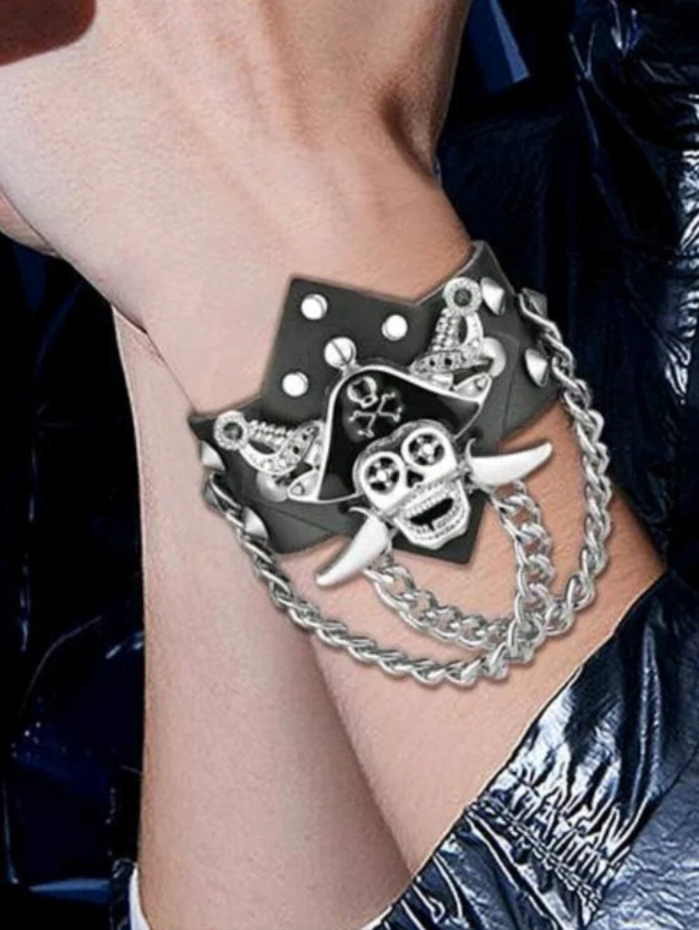 Pirate Skull Studded Leather Bracelet with Chain - Black